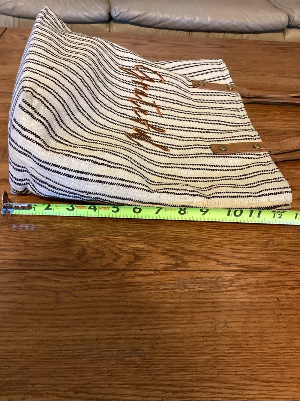 “Grateful” blue and white striped tote bag with tan straps
